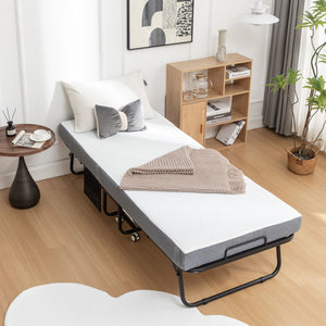 Foldable Metal Frame Bed For Guest With Memory Foam Mattress On Wheels, Saving Space Rollaway Bed