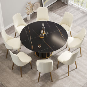 Modern Artificial Stone Round Metal Iron Base Dining Table, Can Accommodate 8 People, (Not Including Chairs) - Black