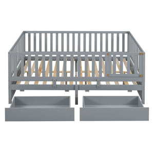 Daybed With Fence Guardrails And 2 Drawers, Split Into Independent Floor Bed & Daybed