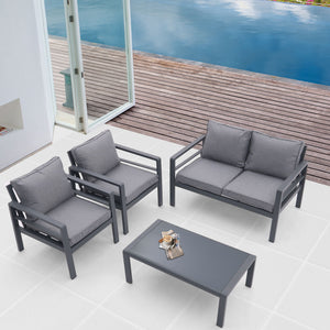 4 Piece Aluminum Outdoor Patio Conversation Set, All Weather Sectional Sofa Outside Furniture With Removable Cushions And Tempered Glass Coffee Table