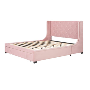 Storage Bed Velvet Upholstered Platform Bed With Wingback Headboard And A Big Drawer