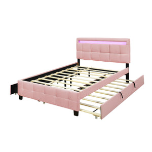Upholstered Platform Bed With LED Frame, With Trundle And 2 Drawers