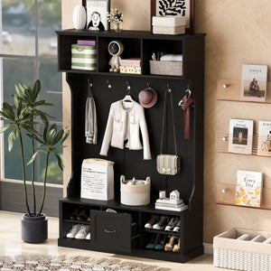 Hall Tree With 6 Hooks, Coat Hanger, Entryway Bench