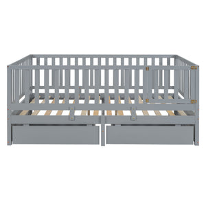 Daybed With Fence Guardrails And 2 Drawers, Split Into Independent Floor Bed & Daybed