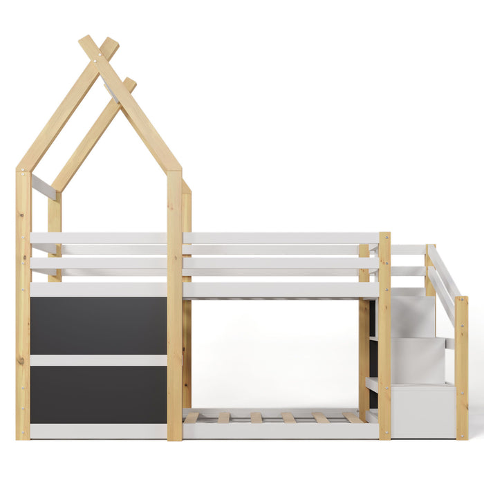 Twin Over Twin House Bunk Bed With White Storage Staircase And 2 Blackboards - White / Natural