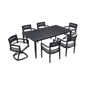 7 Piece Dining Set Modern Outdoor Patio Furniture, Including 4 Dining Chairs & 2 Swivel Rockers Sunbrella Fabric Cushioned And Rectangle Dining Table With Umbrella Hole