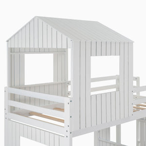 Twin Over Full Bunk Bed, With Playhouse, Farmhouse, Ladder And Guardrails - White