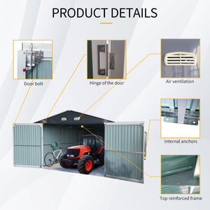 Outdoor Storage Shed Metal Garage Shed For Car, Bike, Lawnmower Backyard Tool House Building 2 Doors And 4 Vents - Black