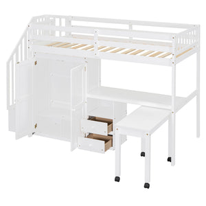 Loft Bed With Stairs, Bookshelf, Drawers, Desk & Wardrobe, Space Saving Multifunctional Furniture