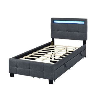 Upholstered Platform Bed With LED Frame, With Trundle And 2 Drawers