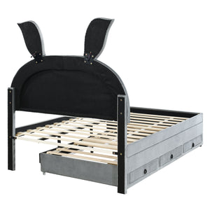 Upholstered Platform Bed With Trundle And 3 Drawers, Rabbit-Shaped Headboard With Embedded LED Lights