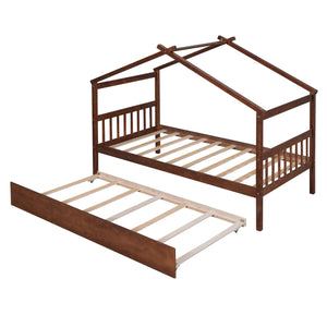 Wooden House Bed With Twin Size Trundle
