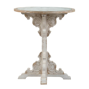 Round Wooden Carved Table Distressed Design - Antique White