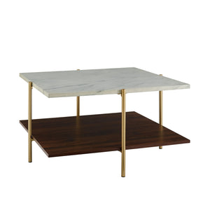 Modern Glam 3 Tone Square Coffee Table With Lower Shelf - White Marble / Dark Walnut / Gold