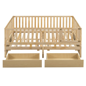 Daybed With Fence Guardrails And 2 Drawers, Split Into Independent Floor Bed & Daybed