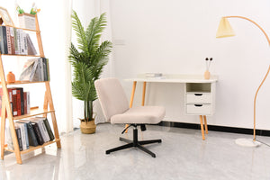 Cross Legged Office Chair, Wide Comfty Desk Chair, Vanity Home Chair No Wheels Armless Computer Task Chair, Swivel And Height Adjustable - Beige