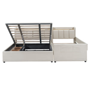 Upholstered Mother & Child Bed With Hydraulic Storage System, Drawer Box, Bedhead Storage Shelf And 2 Pairs Of Sockets & USB Ports