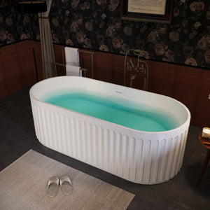 67" Freestanding Solid Surface Bathtub, Luxury Engineered Stone Resin Freestanding Soaking Bathtub With Overflow And Pop-Up Drain Cupc Certified 23S13-67 - Matte White