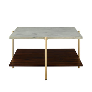 Modern Glam 3 Tone Square Coffee Table With Lower Shelf - White Marble / Dark Walnut / Gold