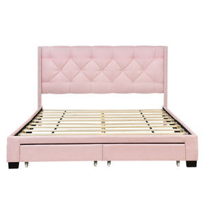 Queen Size Storage Bed Linen Upholstered Platform Bed & Two Drawers - Pink