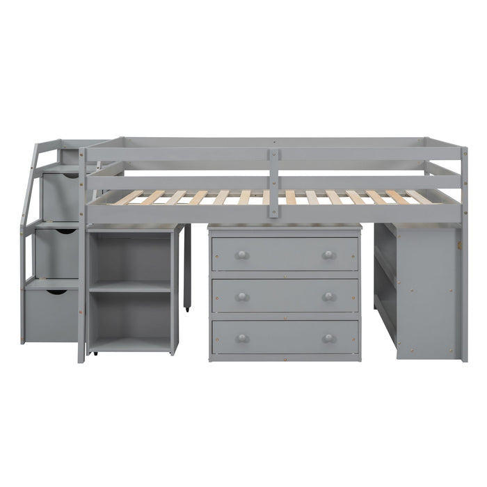 Loft Bed With Retractable Writing Desk And 3 Drawers With Storage Stairs And Shelves