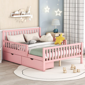 Platform Bed With Guardrails On Both Sides And 2 Storage Drawers