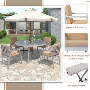Outdoor Dinning Set 4 Person Outdoor Wooden Dinning Set With An Umbrella Hole And Removable Cushions For Patio, Backyard, Garden - Antique Gray