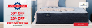   Labor Day Sale promotional graphic, 50% off plus an additional 20% off plus free boxspring with purchase. Features a Serta Perfect Sleeper mattress. Disclaimer at bottom says, 