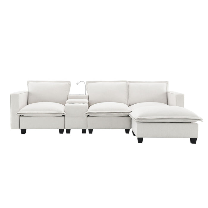 Modern Sectional Cloud Sofa With Console USB Charger Reading Light Cup Holder, Wide Seat 4 Seat Modular Couch Storable Indoor Funiture