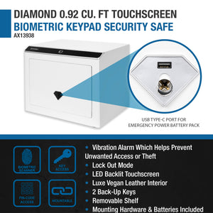 Diamond 0.92 Cu. Ft Touchscreen Biometric Keypad Security Safe - White