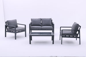 4 Piece Aluminum Outdoor Patio Conversation Set, All Weather Sectional Sofa Outside Furniture With Removable Cushions And Tempered Glass Coffee Table