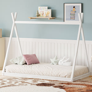 Wood Tent Bed For Kids, Montessori Style Low - Floor Bed, House-Shape Tent Bed Frame