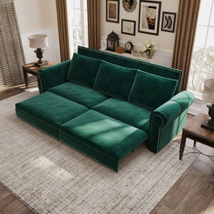 Pull Out Sofa Bed 3 In 1 Velvet Convertible Sleeper Sofa With Nailhead Trim & Rolled Arm, Multi Functional