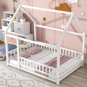 Floor Wooden Bed With House Roof Frame, Fence Guardrails