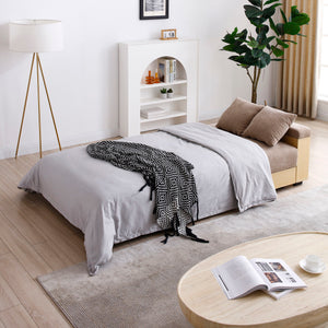 Convertible Sleeper Sofa Couch, Multifunctional Double Folding Sofa Bed, Storage Ottoman And Sofa Arm With Box And Drawer, Drop Down Table With 2Cup Holders For Living Room, Apartment, Office - Light Brown