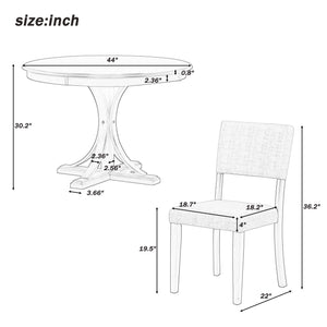 Retro Round Dining Table Set With Curved Trestle Style Table Legs And Upholstered Chairs For Dining Room