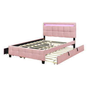 Upholstered Platform Bed With LED Frame, With Trundle And 2 Drawers