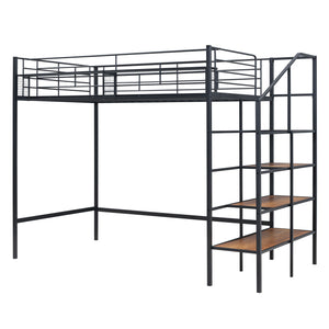 Loft Bed With Upper Grid Storage Shelf And Lateral Storage Ladder