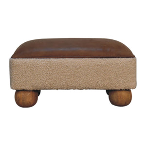 Vintage Leather Boucle Ball Footstool - Brown