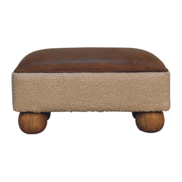 Vintage Leather Boucle Ball Footstool - Brown