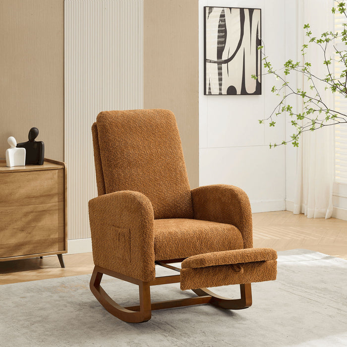 Rocking High Back Glider Chair With Retractable Footrest, Side Pocket