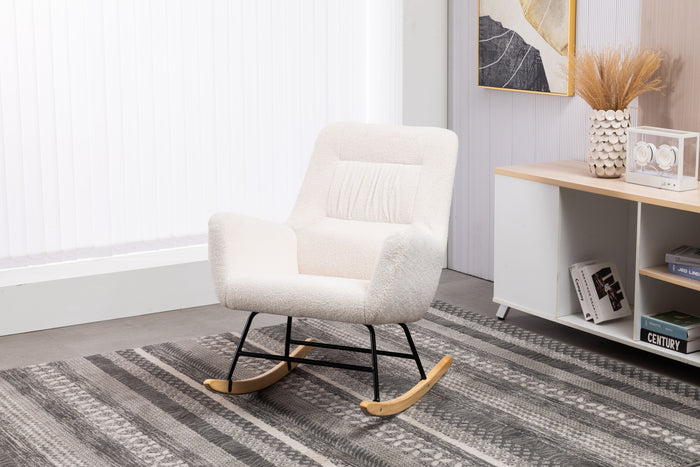 Rocking Chair Nursery, Teddy Glider Rocker With High Backrest, Reading Chair Modern Rocking Accent Chairs Glider Recliner For Living Room - Cream