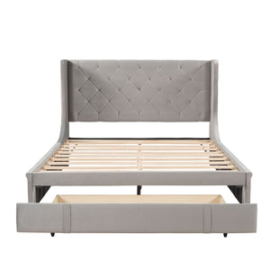 Storage Bed Velvet Upholstered Platform Bed With Wingback Headboard And A Big Drawer