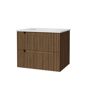 24" Wall Mount Bathroom Vanity Cabinet With - White Basin Sink Combo Floating - Walnut