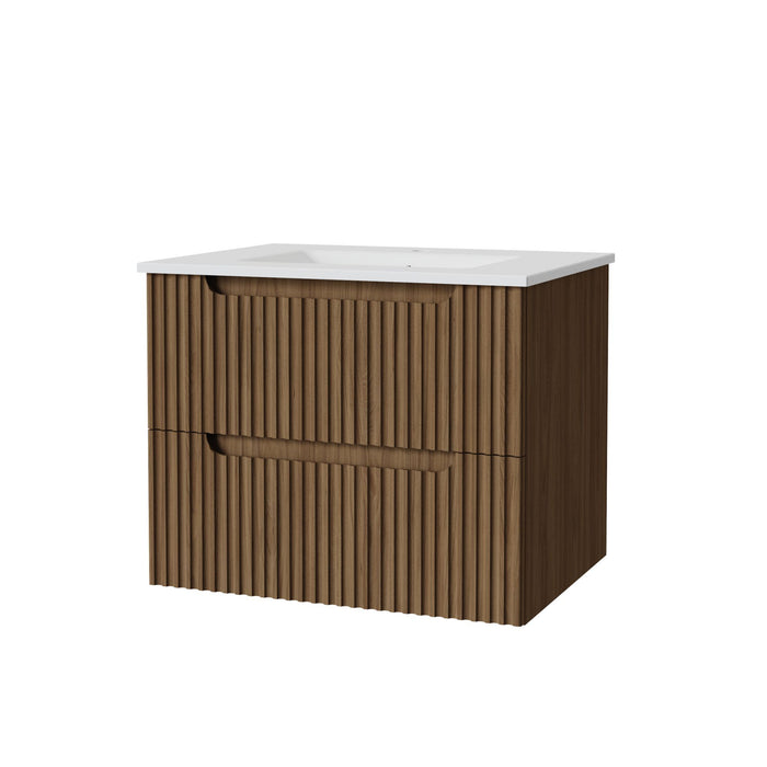 24" Wall Mount Bathroom Vanity Cabinet With - White Basin Sink Combo Floating - Walnut