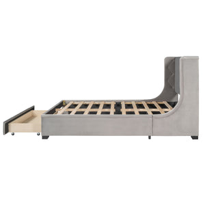 Storage Bed Velvet Upholstered Platform Bed With Wingback Headboard And A Big Drawer