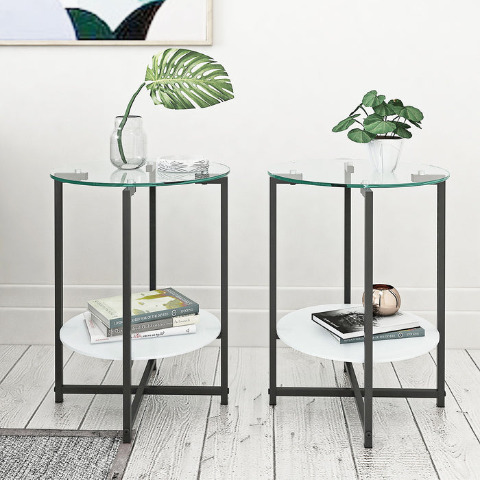 JWS Tempered Glass End Table (Set of 2), Round Coffee Table For Bedroom Living Room Office - Black