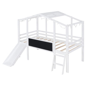 Loft House Bed With Ladder And Slide, With Blackboard And Light Strip On The Roof