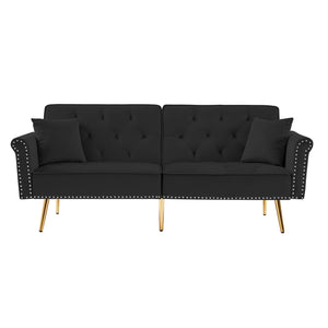 Velvet Tufted Sofa Couch With 2 Pillows And Nailhead Trim