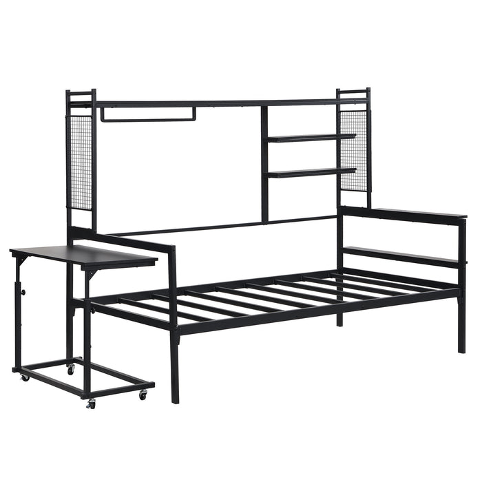 Daybed With Movable Desk, Grid, Shelves And Clothes Hanger